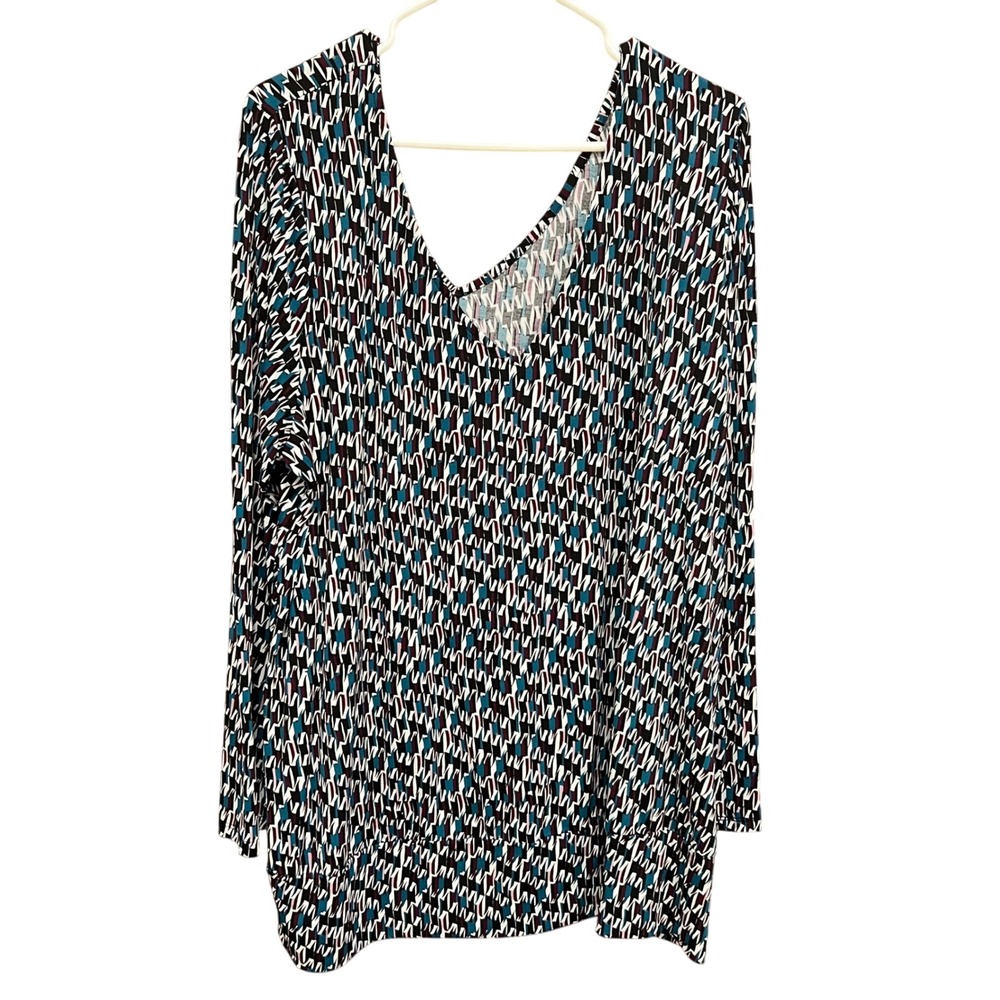 Lane‎ Bryant V-Neck Top Teal Purple Print Long Sleeve Blouse Plus Size 22/24